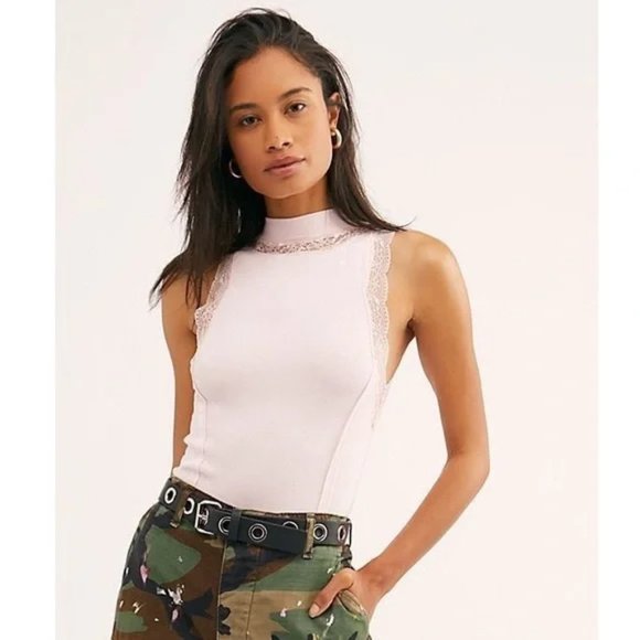 Free People Dale Lace Open Back Ribbed Knit Tank Top Ballet Pink Size Medium New - Picture 3 of 3